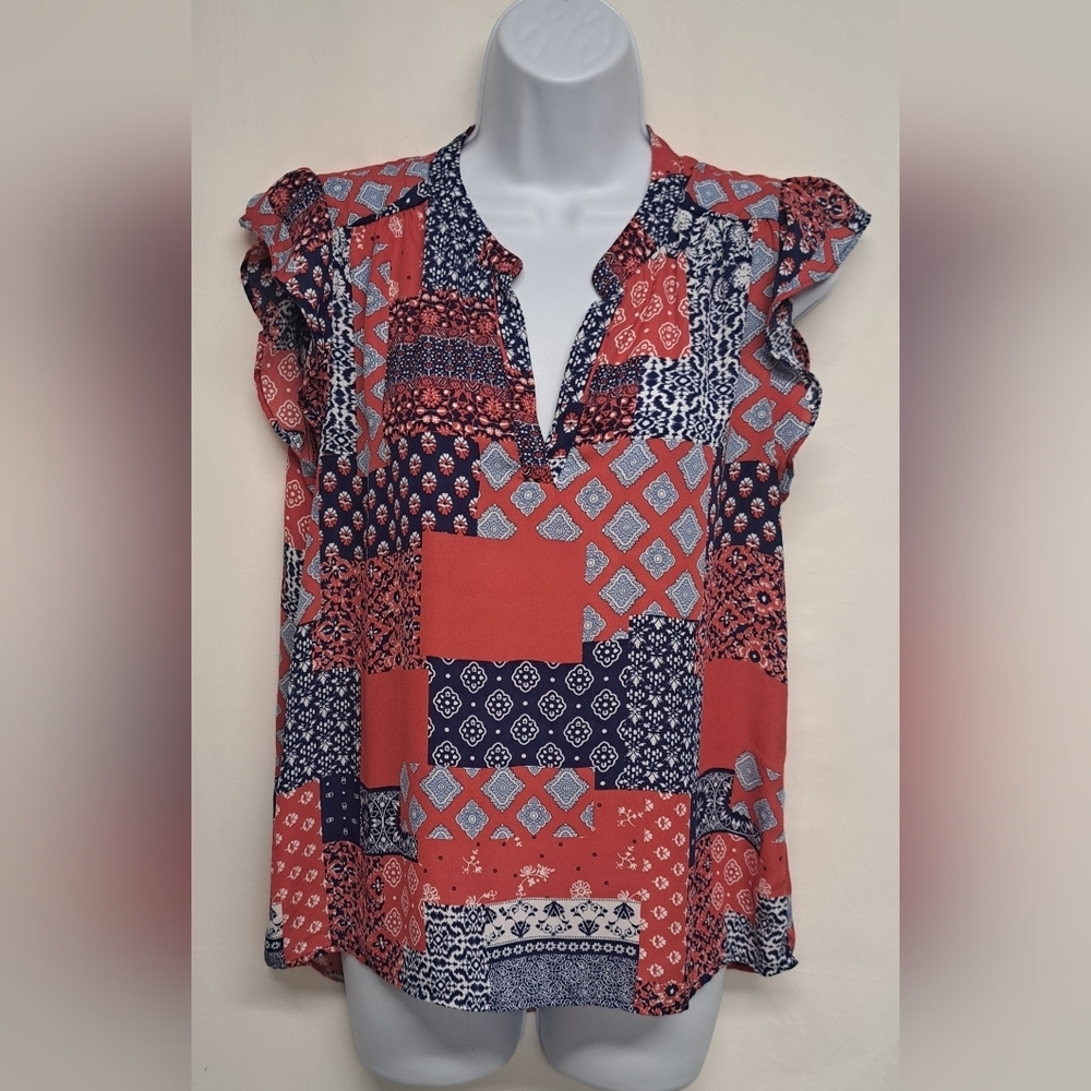 Lipslide Pullover Blouse Top V Neck Ruffled Cap Sleeve L